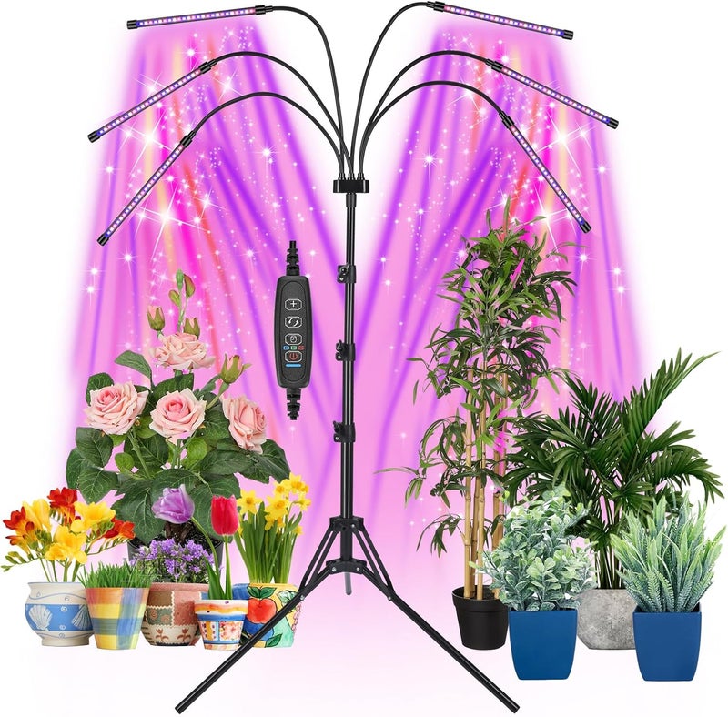 Mefflypee أضواء نمو للنباتات الداخلية، حامل أضواء نمو LED، مصباح نباتي كامل الطيف بالأحمر والأزرق والأصفر مع حامل ثلاثي قابل للتعديل، مصباح نباتي قابل لتغيير الألوان مع مؤقت تشغيل وإيقاف تلقائي (النوع A) - Image 1